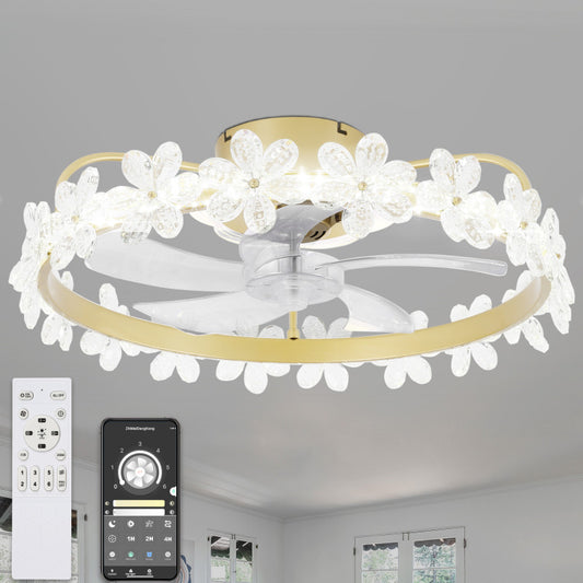 20 in. Bladeless Low Profile White Crystal Bedroom Ceiling Fan with Dimmable Light and Remote
