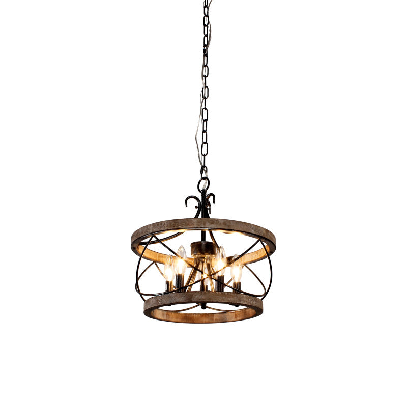 FC4059-BellaDepot 15.7" Distressed Wood/Distressed White Mid Century Caged Chandelier, Wood Pendant Light with Adjustable Chain - FC4059