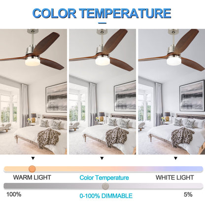 52 in. Classical LED Sliver Ceiling fan with LED Light and Remote, 6 Speeds, 3 Wood Blades