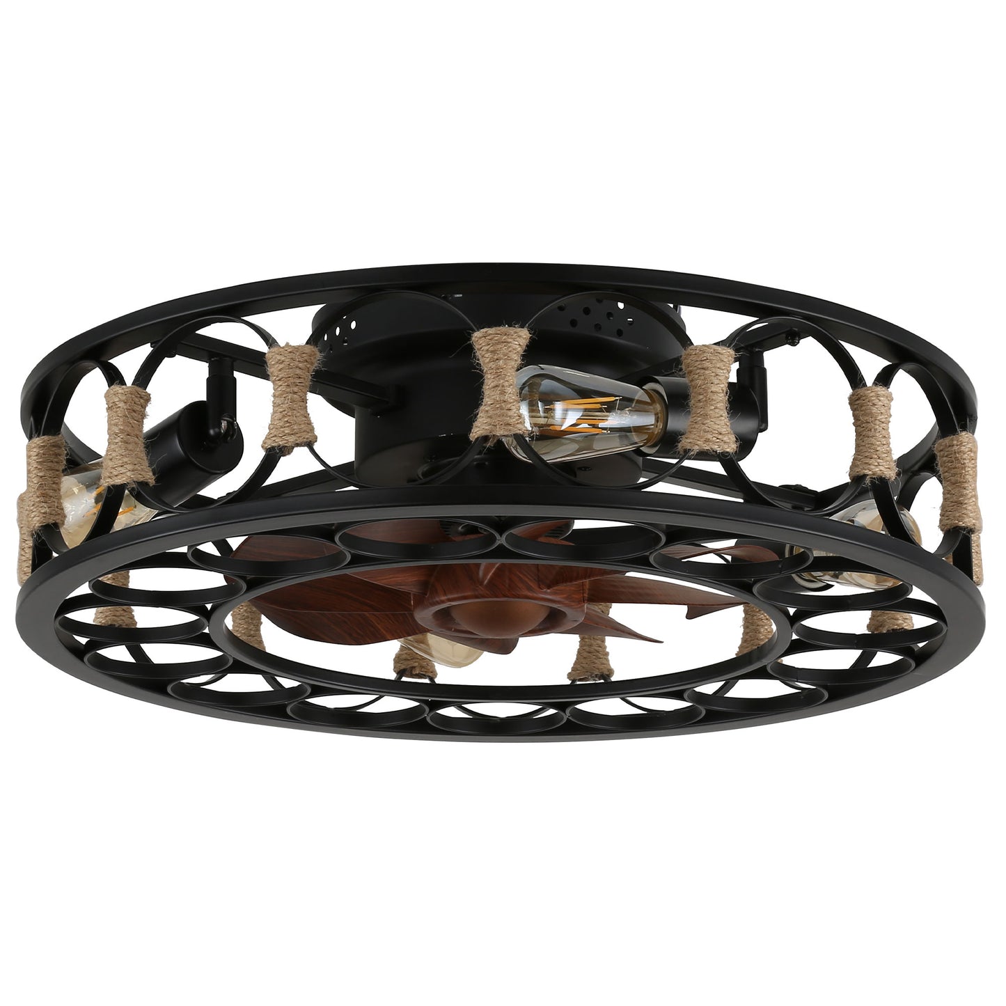 DC2026OA-19.7" Low Profile Flush Mounted Hemp Rope Caged Ceiling Fan with Remote and Lights DC Motor 6 Speeds