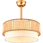 20 Inch Gold Boho Drum Ceiling Fan with Lights and Remote, 6 Speeds DC Motor Reversible Bladeless Fandelier Ceiling Fan with Wood Beaded Shade
