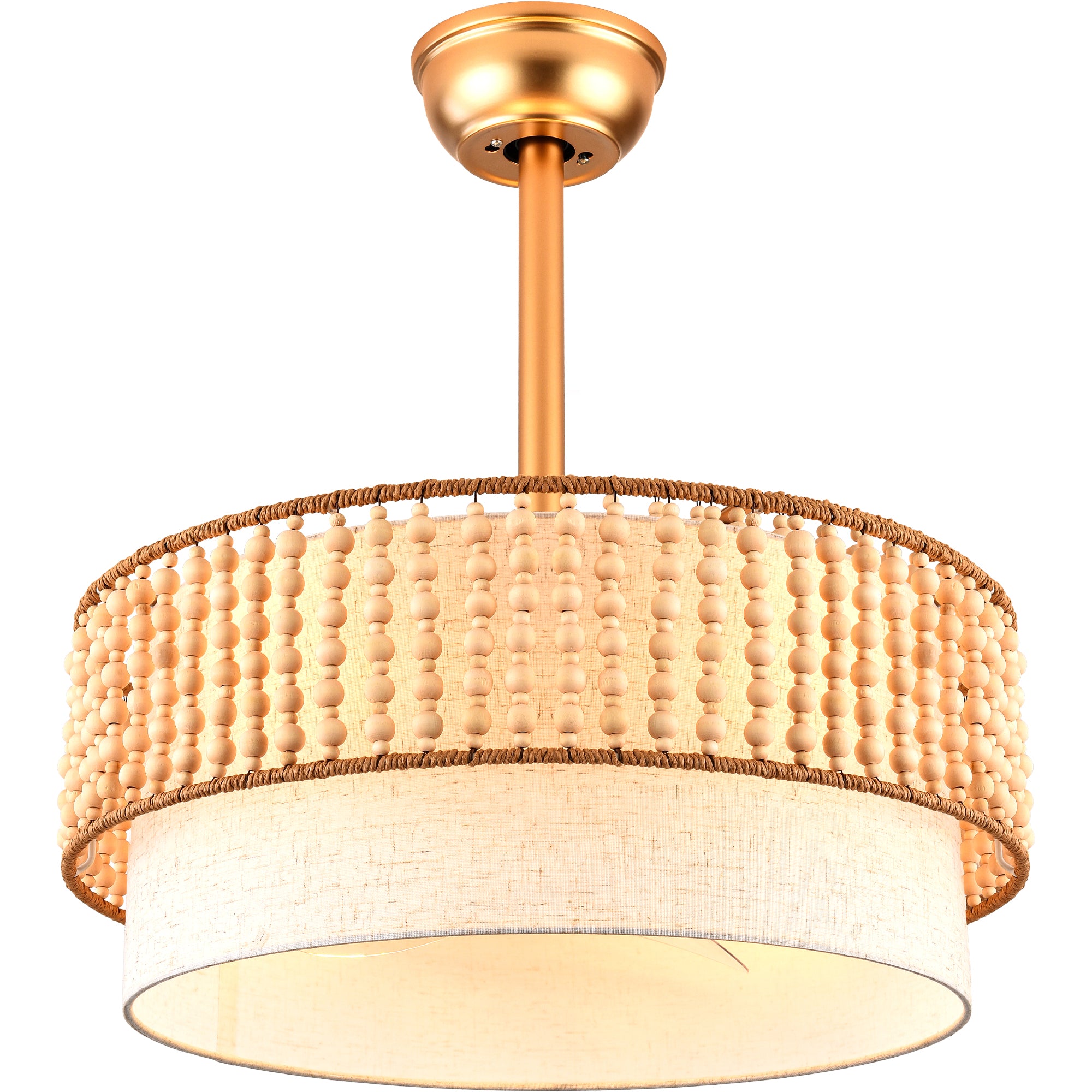 20 Inch Gold Boho Drum Ceiling Fan with Lights and Remote, 6 Speeds DC Motor Reversible Bladeless Fandelier Ceiling Fan with Wood Beaded Shade