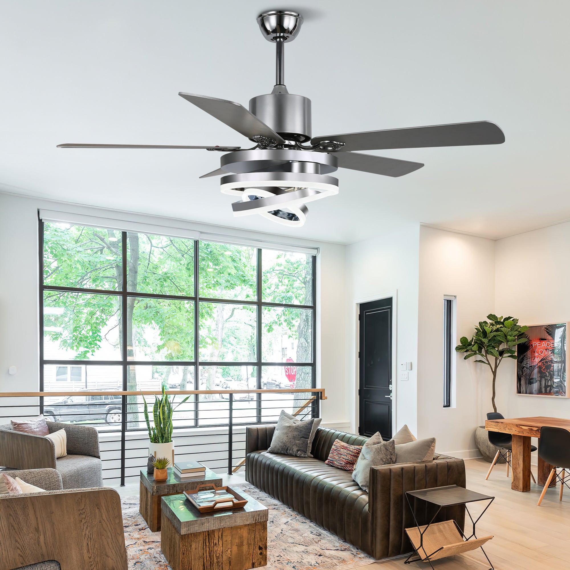 DC2062-BellaDepot 52" Black/Silver Finish Dimmable Ceiling Fan with Remote and LED Light Kit Included, 6-speed Ceiling Fan
