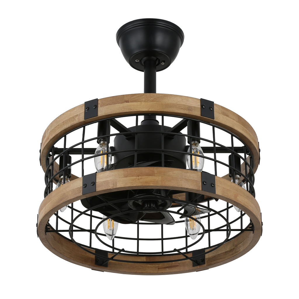 BD1812-BellaDepot 17.7" Cottage Metal Caged Reversible Ceiling Fan with Remote and 6 Lights, Wooden Ceiling Fan