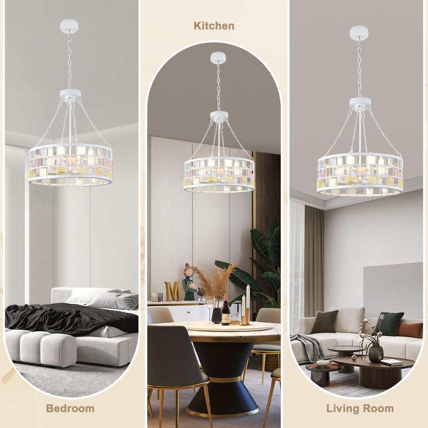 BD4084-W-18" Modern Colorful Accents White Metal Caged Chandelier, Pendant Light, with Adjustable Chain and 6 Lights