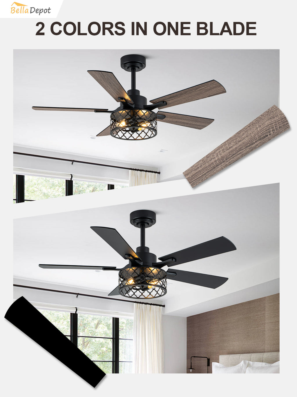 46 Inch Farmhouse Caged Ceiling Fan with Light and Remote, 6-Speed DC Motor Reversible Ceiling Fan, Dual-Finish Blades, Adjustable Height