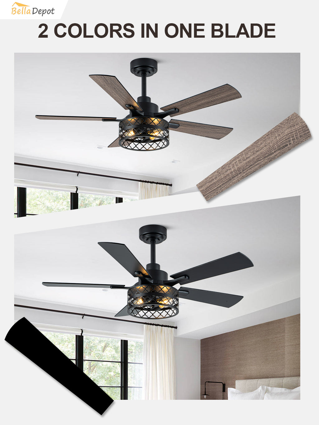 Farmhouse 46 Inch Metal Caged Ceiling Fan with Light Quiet Reversible DC Motor with  Remote Control Ceiling Fan Modern Wood Blades Ceiling Fan with Light Suit for Living room, Bedroom, Kitchen