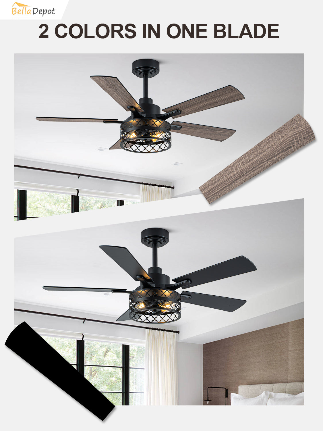 Farmhouse 46 Inch Metal Caged Ceiling Fan with Light Quiet Reversible DC Motor with  Remote Control Ceiling Fan Modern Wood Blades Ceiling Fan with Light Suit for Living room, Bedroom, Kitchen