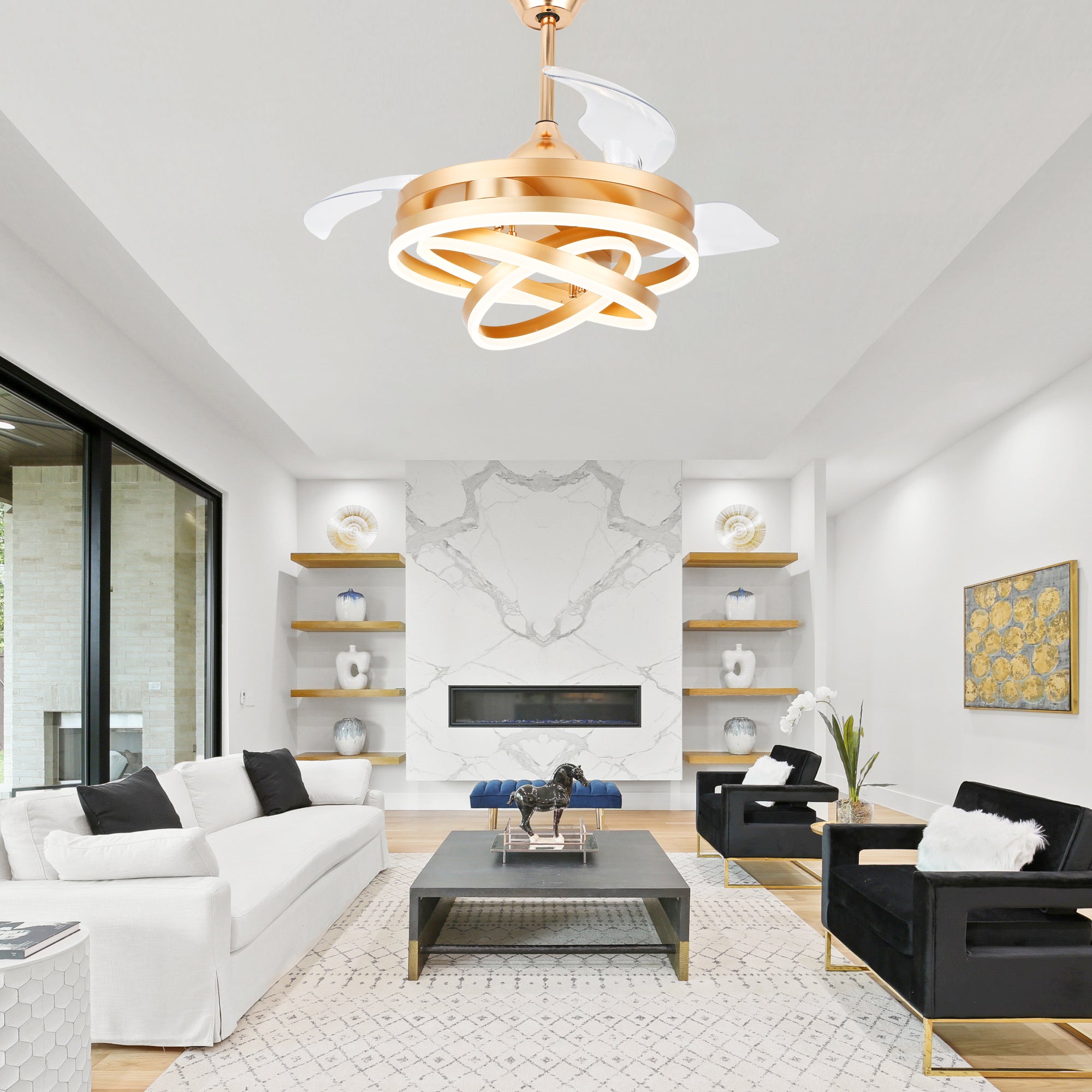 42 Inch Modern Smart Retractable Ceiling Fan with LED Light and Remote, 6 Speeds DC Motor Bladeless Ceiling Fan with DIY Shade