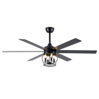 Industrial 60 Inch Caged Ceiling Fan with Light 6 Wood Blades Reversible Quiet DC Motor Ceiling Fan 3 Downrods with Remote Control Ceiling Fan Suit for Living Room, Bedroom