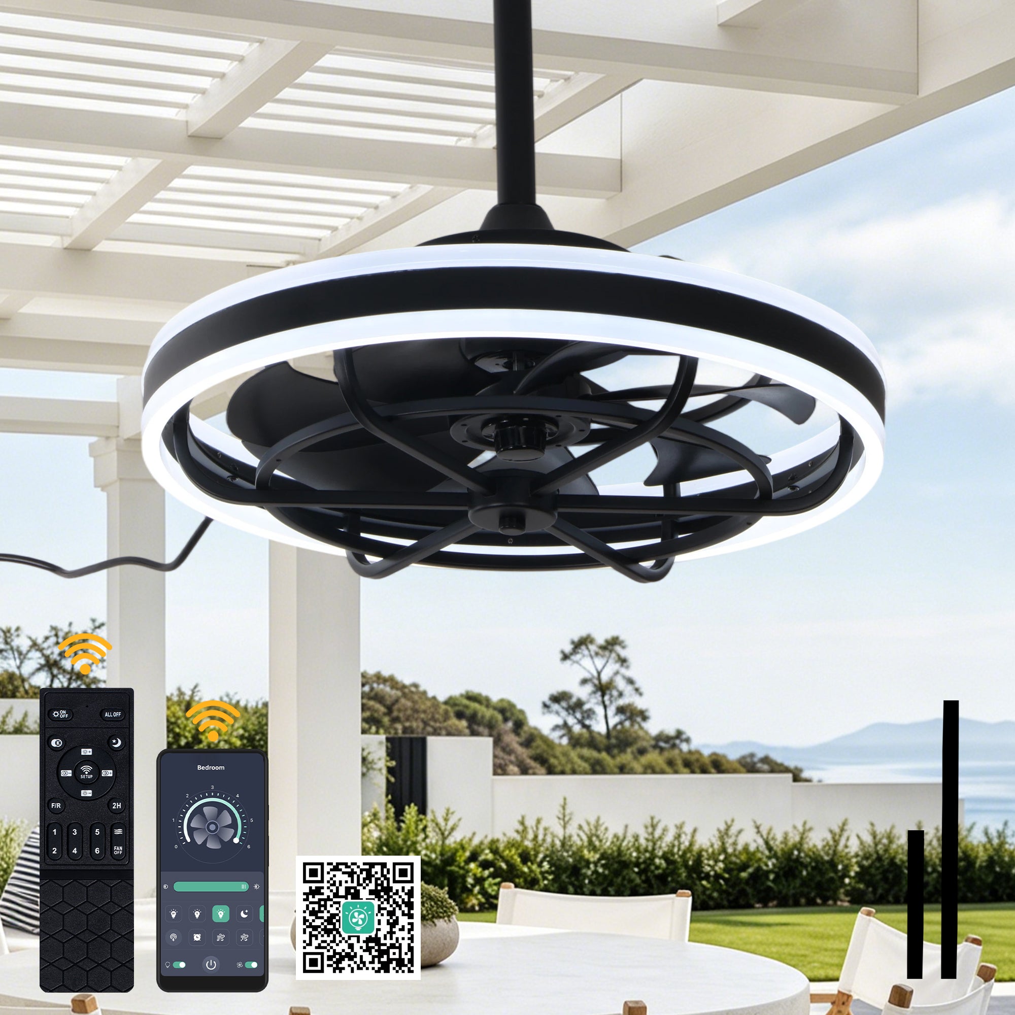 20 Inch Modern Smart Outdoor Caged Ceiling Fan with Dimmable LED Light, DC Motor 6 Speeds Waterproof Plug In Ceiling Fan