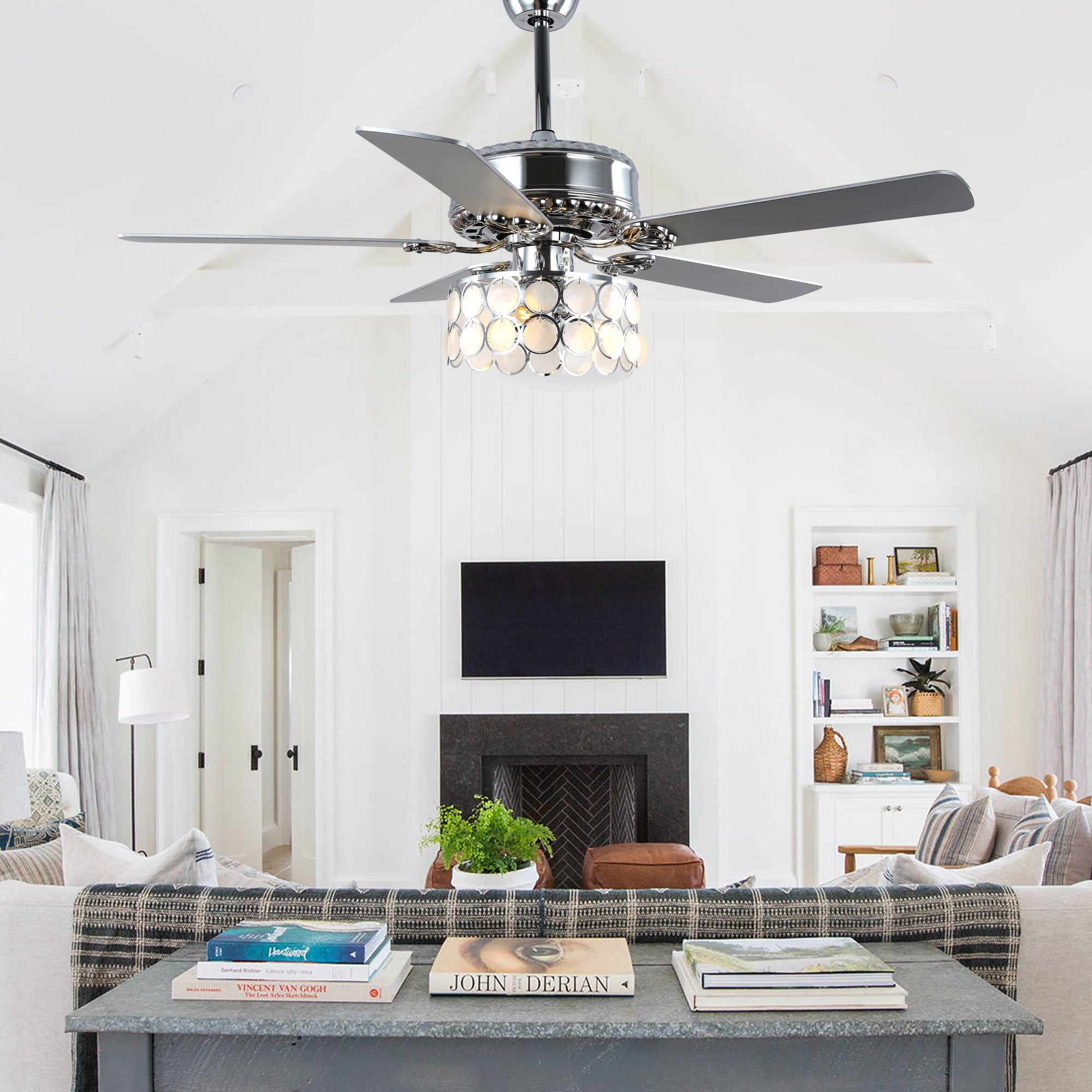 DC5216-BellaDepot 52" 5 Wooden Blades Chrome Finish Modern Reversible Ceiling Fan with Remote and Light, 6-speed Large Size Ceiling Fan