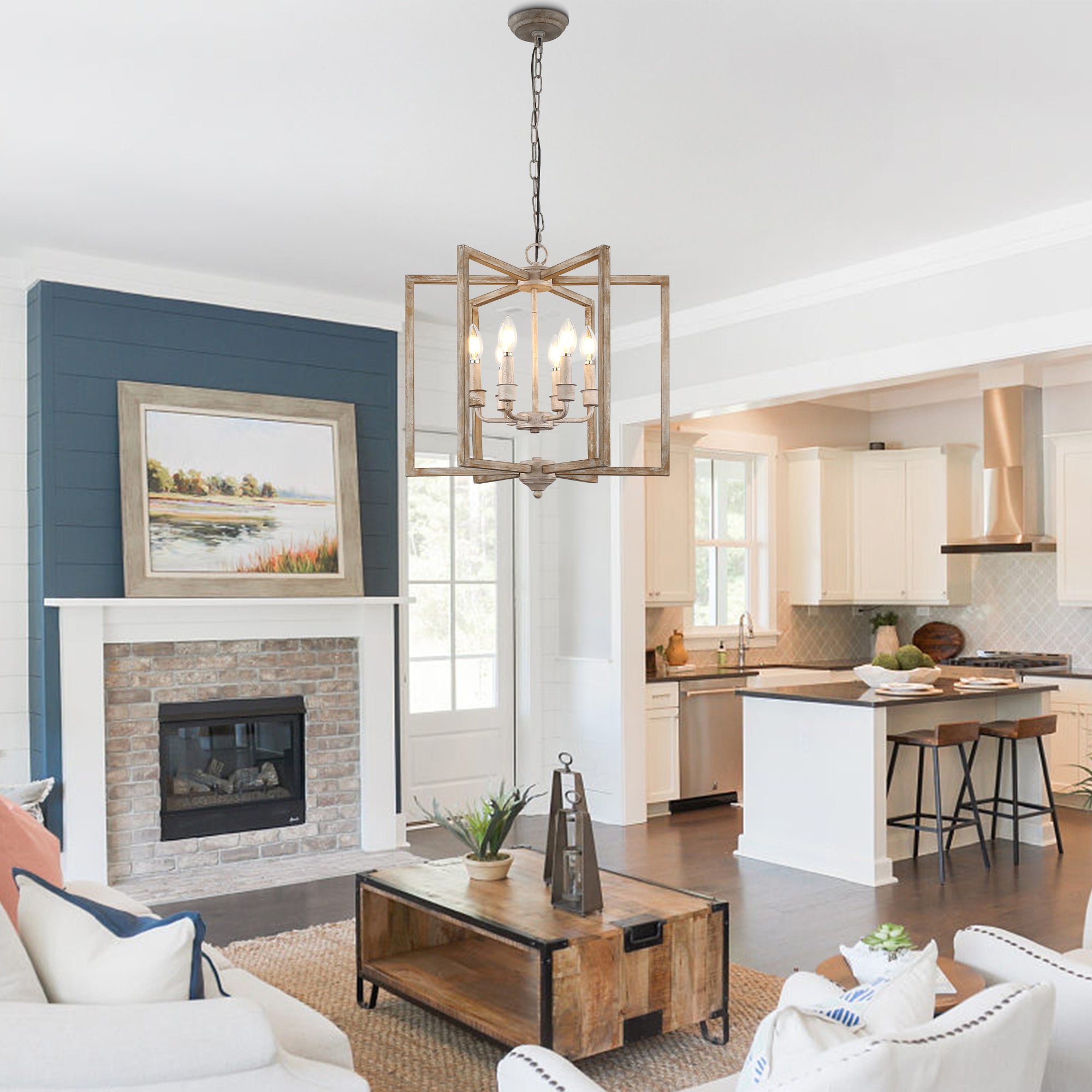 6 - Lights Cottage Distressed Wood Chandelier, 15.7" Height Adjustable Farmhouse Geometric Chandelier