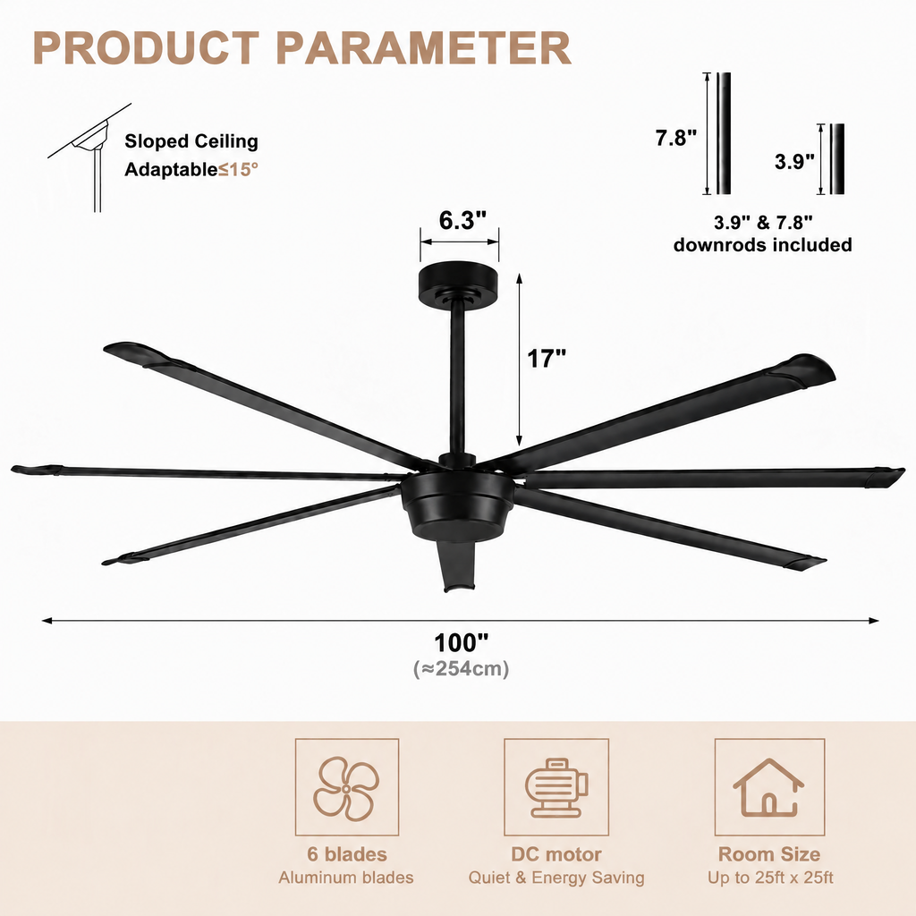 Industrial 100 Inch Large Down Rod Ceiling Fan 7 Blades Metal Ceiling Fan with Reversible Quiet DC Motor Remote Control with 6 Speed Ceiling Fan Suit for Factory, Living Room, Farmhouse