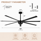 Industrial 100 Inch Large Down Rod Ceiling Fan 7 Blades Metal Ceiling Fan with Reversible Quiet DC Motor Remote Control with 6 Speed Ceiling Fan Suit for Factory, Living Room, Farmhouse