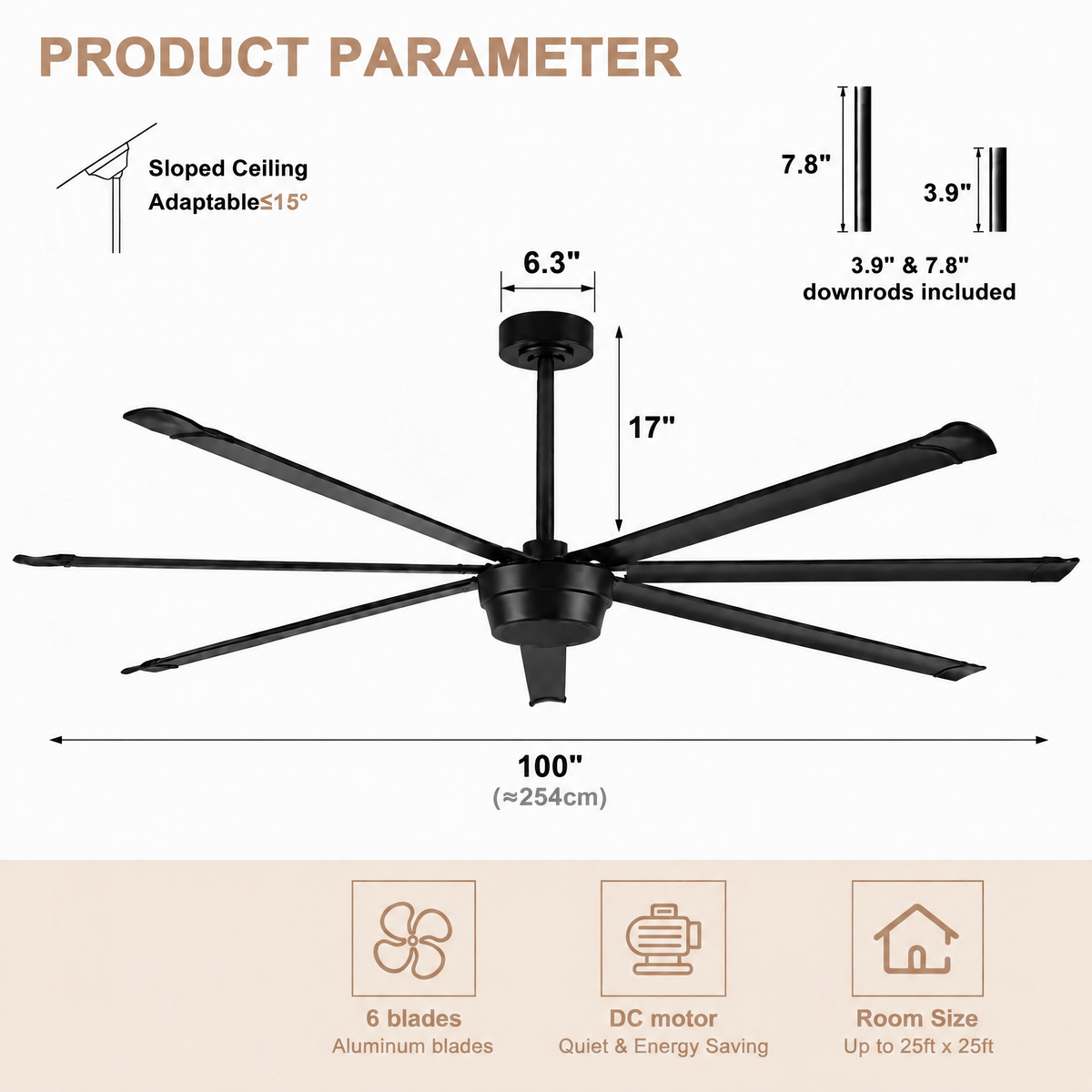 Industrial 100 Inch Large Down Rod Ceiling Fan 7 Blades Metal Ceiling Fan with Reversible Quiet DC Motor Remote Control with 6 Speed Ceiling Fan Suit for Factory, Living Room, Farmhouse