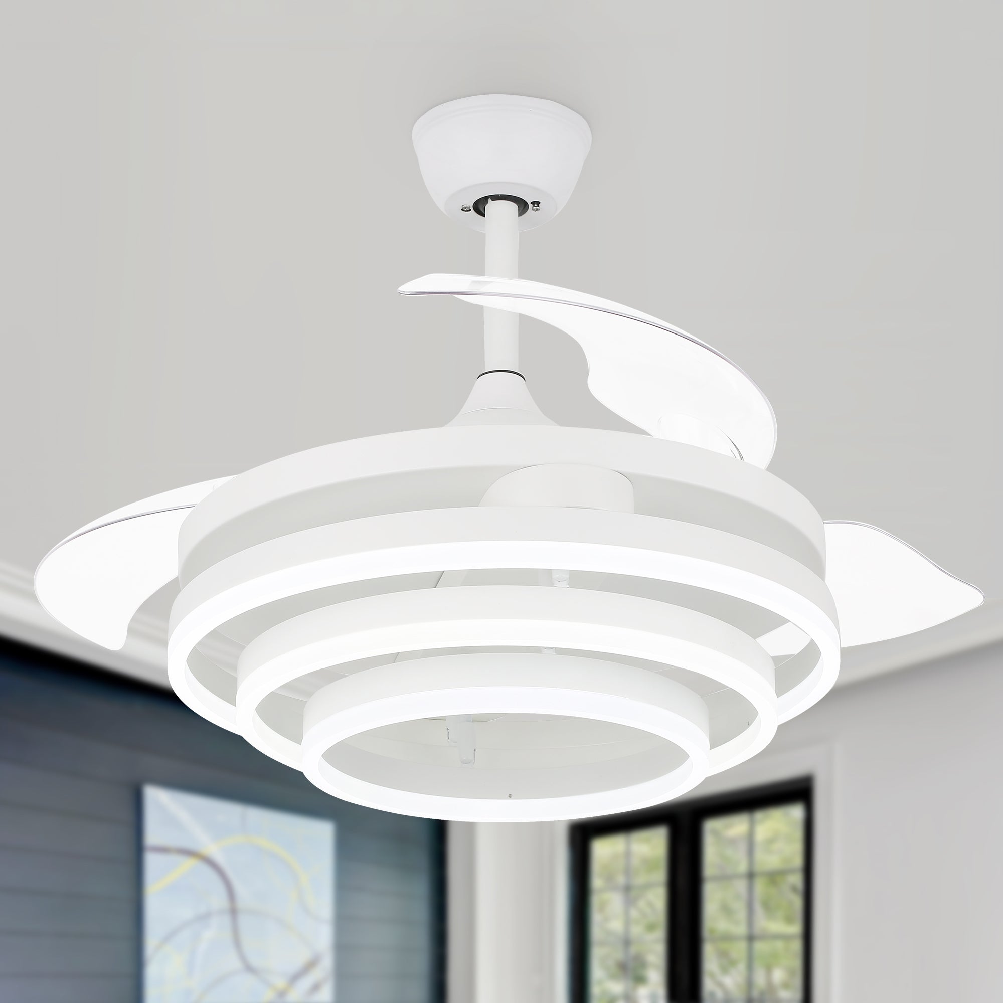 DC4264-BellaDepot 42" Chrome/Brown/Nickel/White/Black/Gold DIY Shape Modern Retractable Ceiling Fan with Remote and LED Light Kit Included, Dimmable Reversible Ceiling Fan