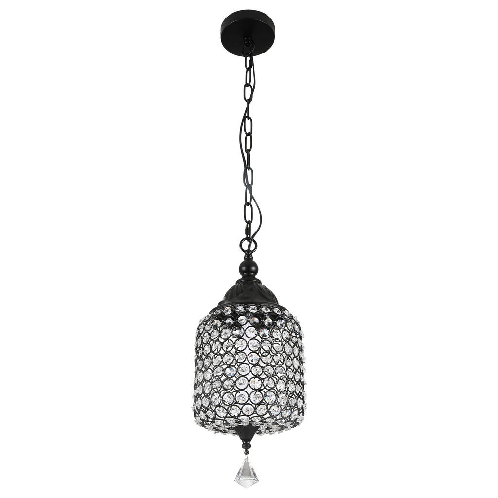 1 - Light Black/Chrome Cylinder Crystal LED Pendant Light, 7.3" Dining Room Light Fixtures Kitchen Island Light