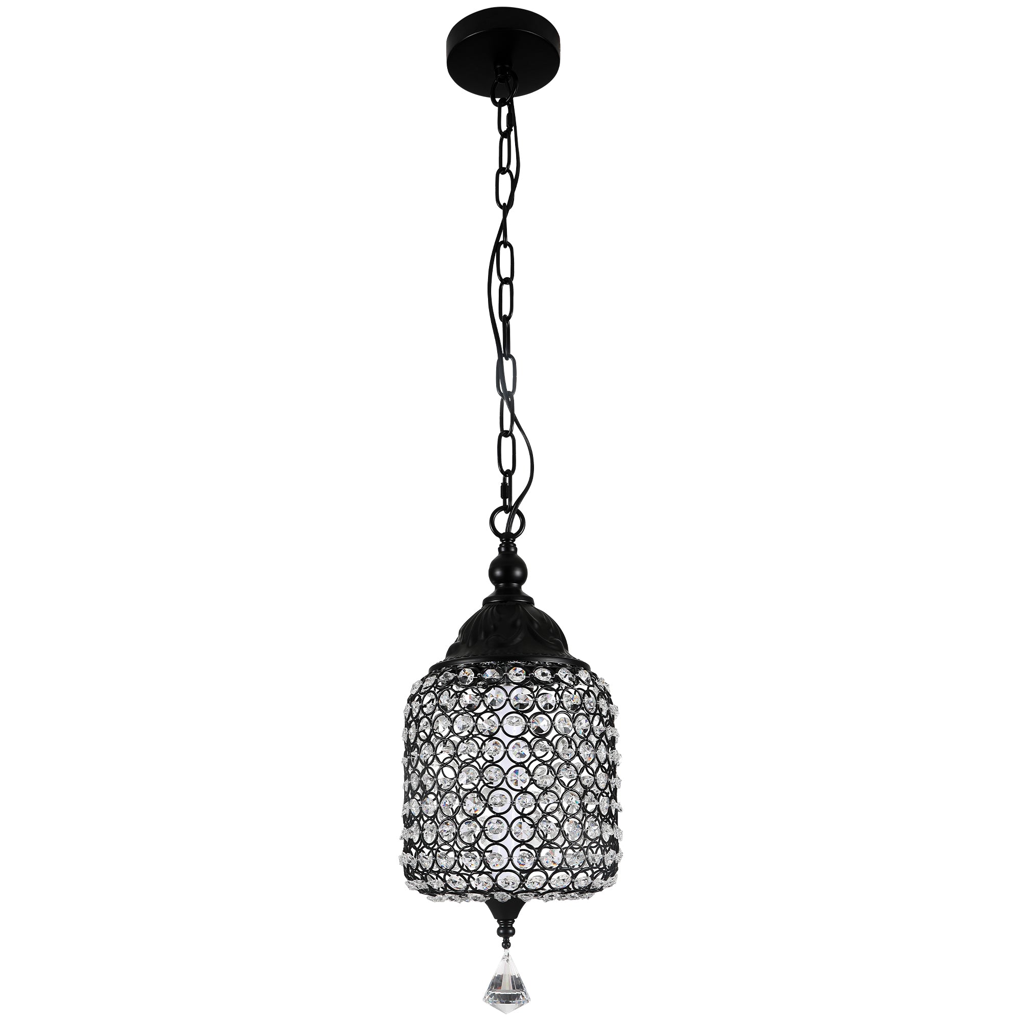 1 - Light Black/Chrome Cylinder Crystal LED Pendant Light, 7.3" Dining Room Light Fixtures Kitchen Island Light