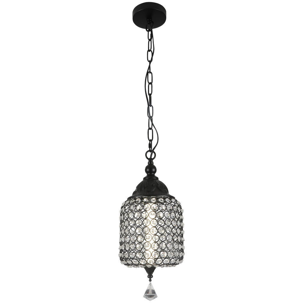 1 - Light Black/Chrome Cylinder Crystal LED Pendant Light, 7.3" Dining Room Light Fixtures Kitchen Island Light