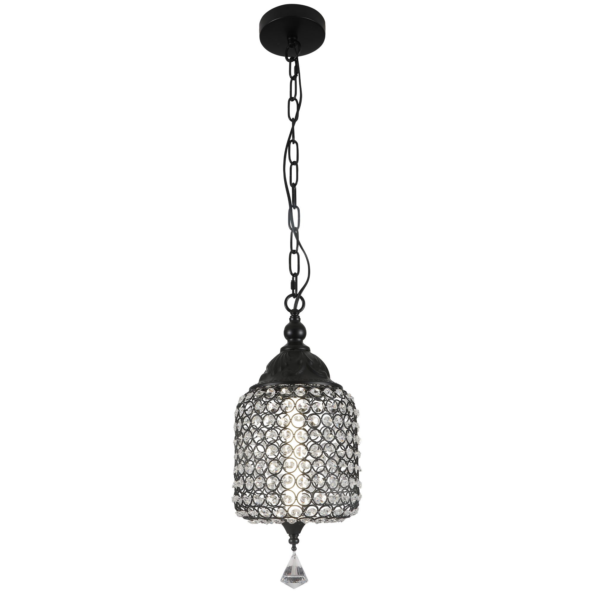 1 - Light Black/Chrome Cylinder Crystal LED Pendant Light, 7.3" Dining Room Light Fixtures Kitchen Island Light