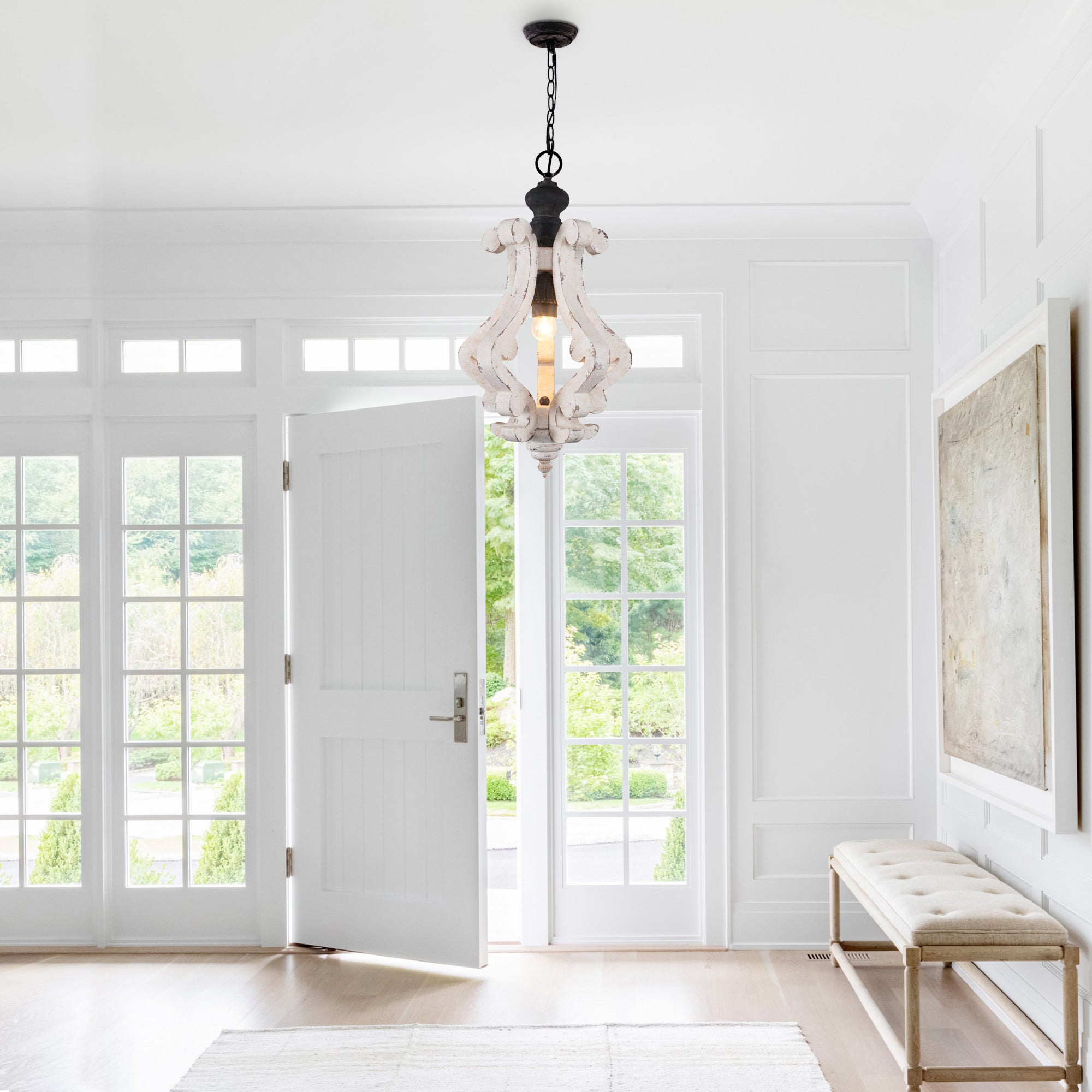 1 - Light Rustic Distressed Wood/White Chandelier, 12.6" Wooden Farmhouse Chandelier Kitchen Island Light Pendant Light