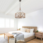 4-Light Solid Wood Farmhouse Drum Chandelier, Rustic Caged Pendant Light, 19.7" Dining Room Chandelier, Kitchen Island Ceiling Lighting