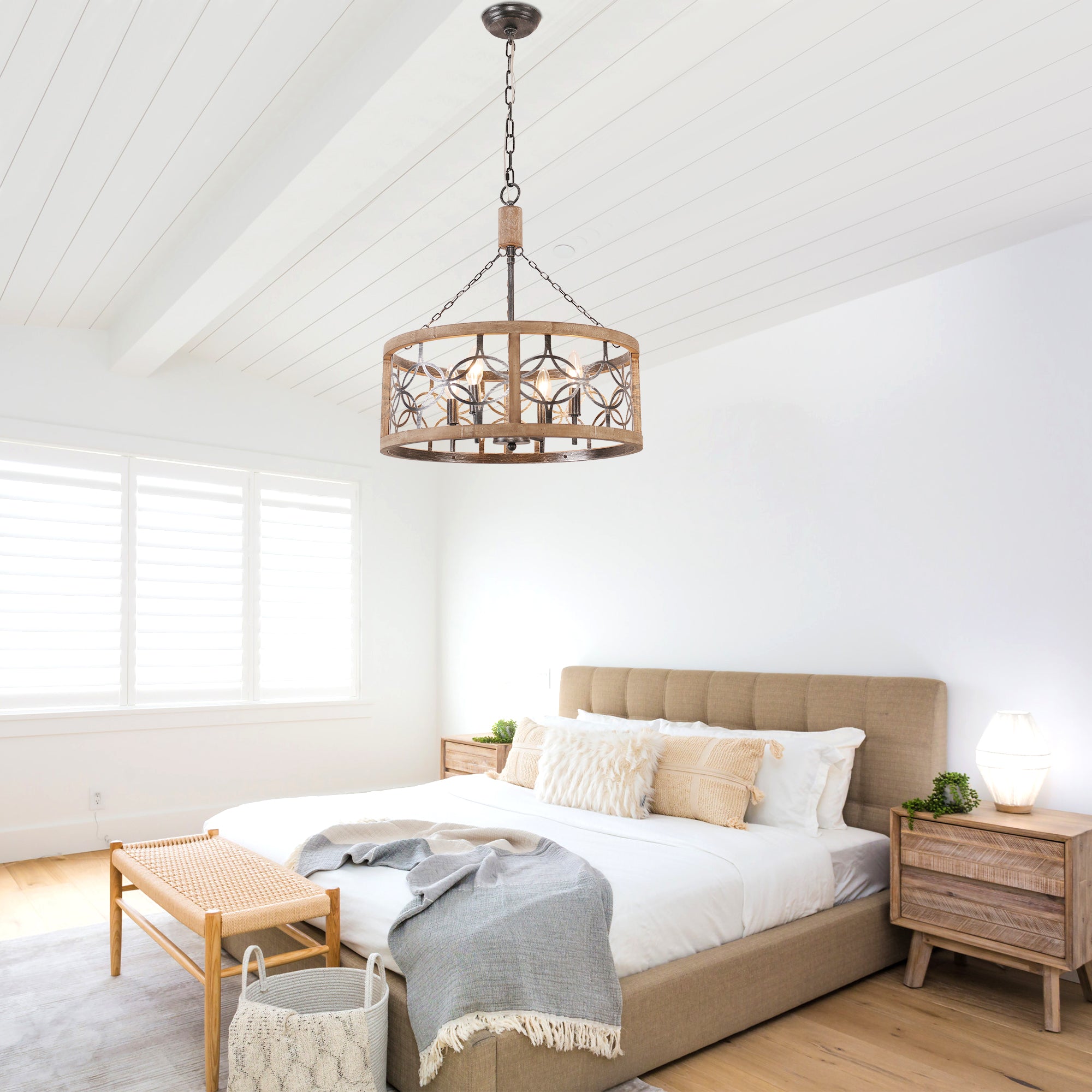 4-Light Solid Wood Farmhouse Drum Chandelier, Rustic Caged Pendant Light, 19.7" Dining Room Chandelier, Kitchen Island Ceiling Lighting