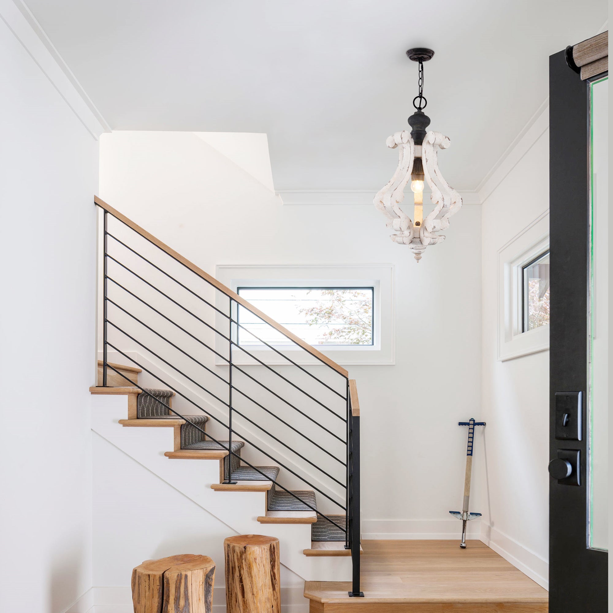 1 - Light Rustic Distressed Wood/White Chandelier, 12.6" Wooden Farmhouse Chandelier Kitchen Island Light Pendant Light