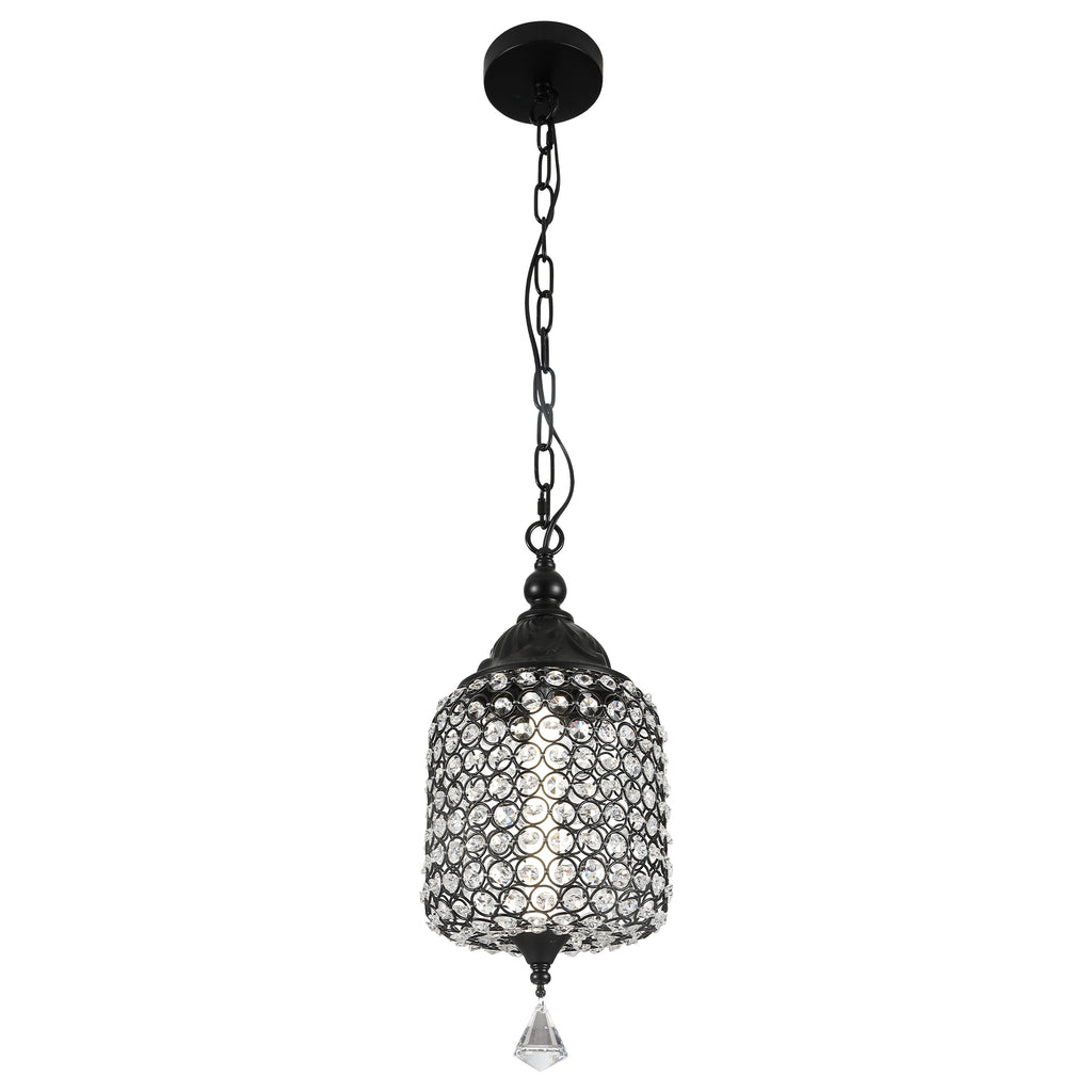 1 - Light Black/Chrome Cylinder Crystal LED Pendant Light, 7.3" Dining Room Light Fixtures Kitchen Island Light