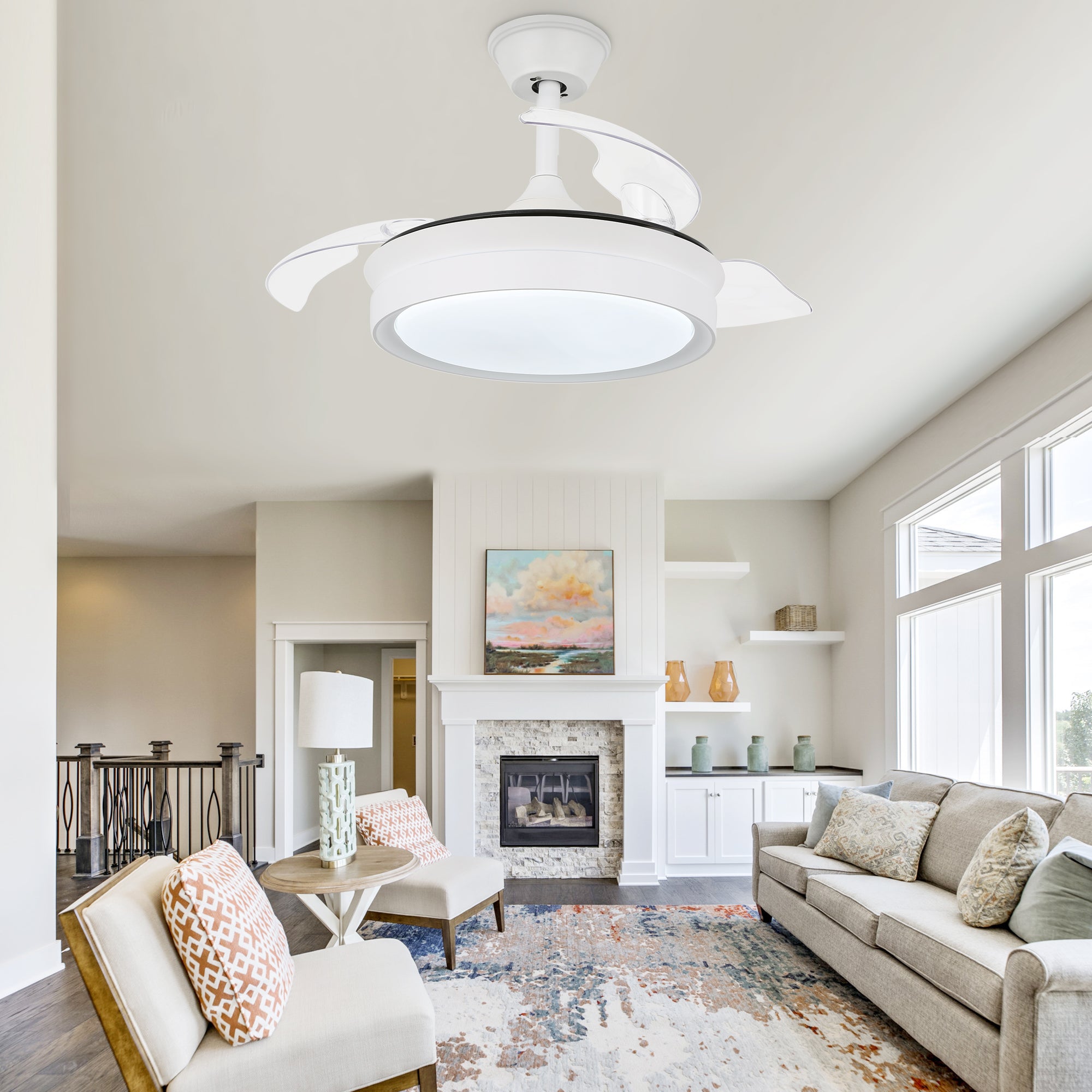 DC3605-BellaDepot 36" Gold/Black/White Finish Retractable Ceiling Fan with Remote and LED Light Kit Included, CCT Dimmable Ceiling Fan