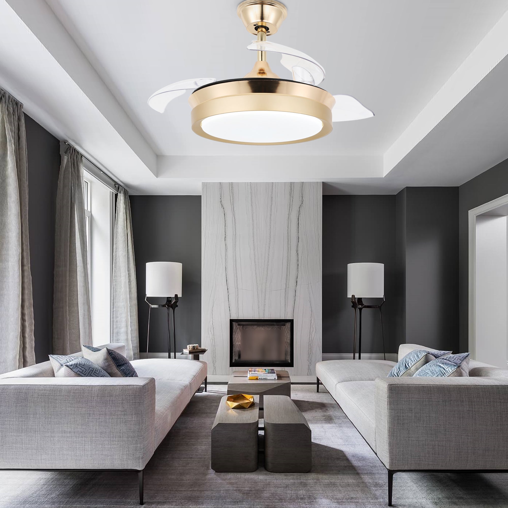 DC3605-BellaDepot 36" Gold/Black/White Finish Retractable Ceiling Fan with Remote and LED Light Kit Included, CCT Dimmable Ceiling Fan