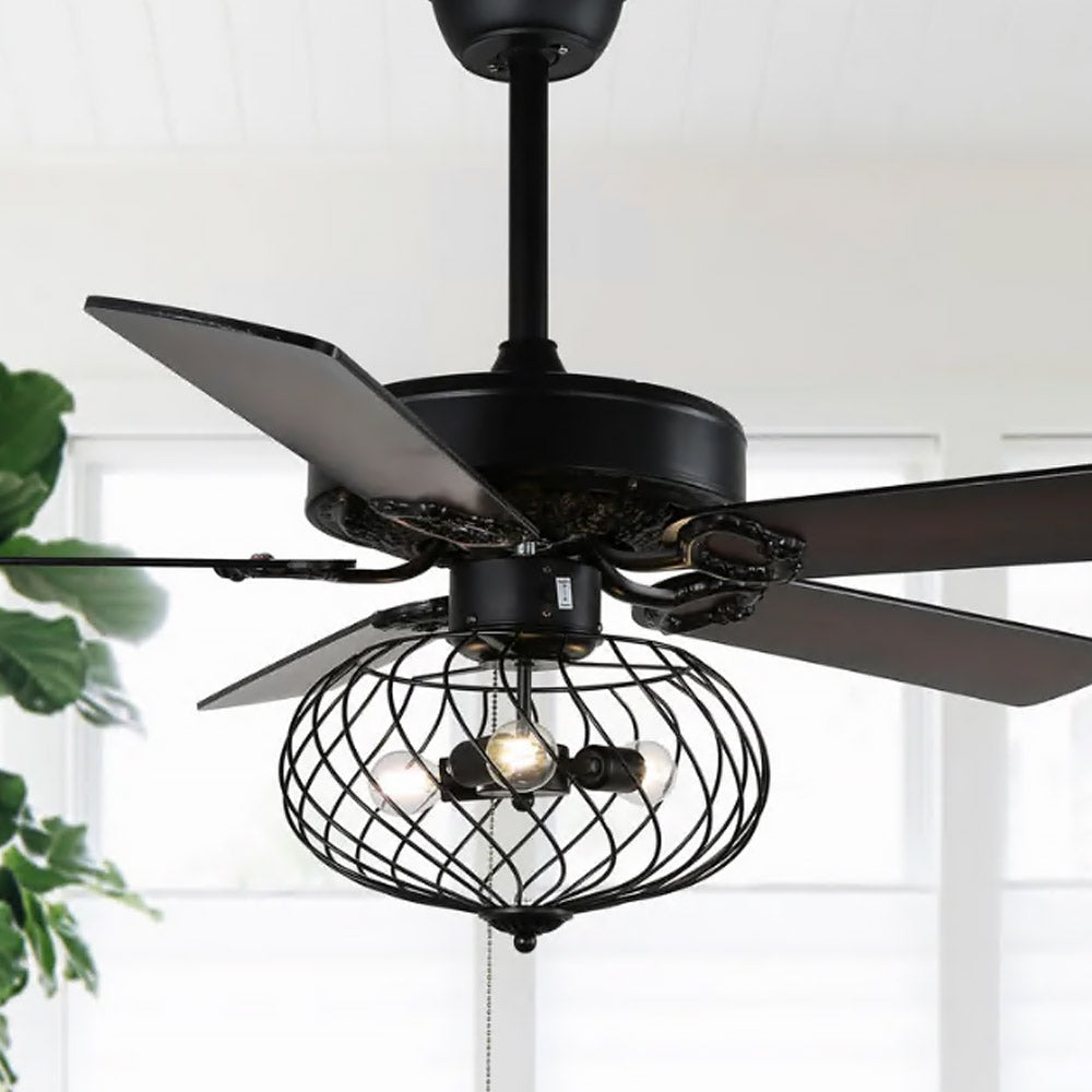 BD2028-42"/48"/52" Large Industrial Caged Reversible Ceiling Fan, with Remote and 3 Lights, 5 Wooden Blades