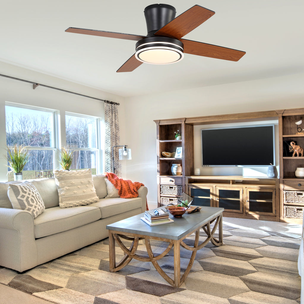 44 Inch Black/Chrome Modern Flush Mount Ceiling Fan with Dimmable LED Lights and Remote, 6 Speeds DC Motor Low Profile Ceiling Fan