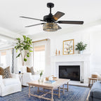 Luxury 52 Inch Crystal Caged Ceiling Fan with Light Reversible Wood Blades Quiet DC Motor Ceiling Fan Remote Control Timing Ceiling Fan Suit for Living Room, Kitchen, Bedroom