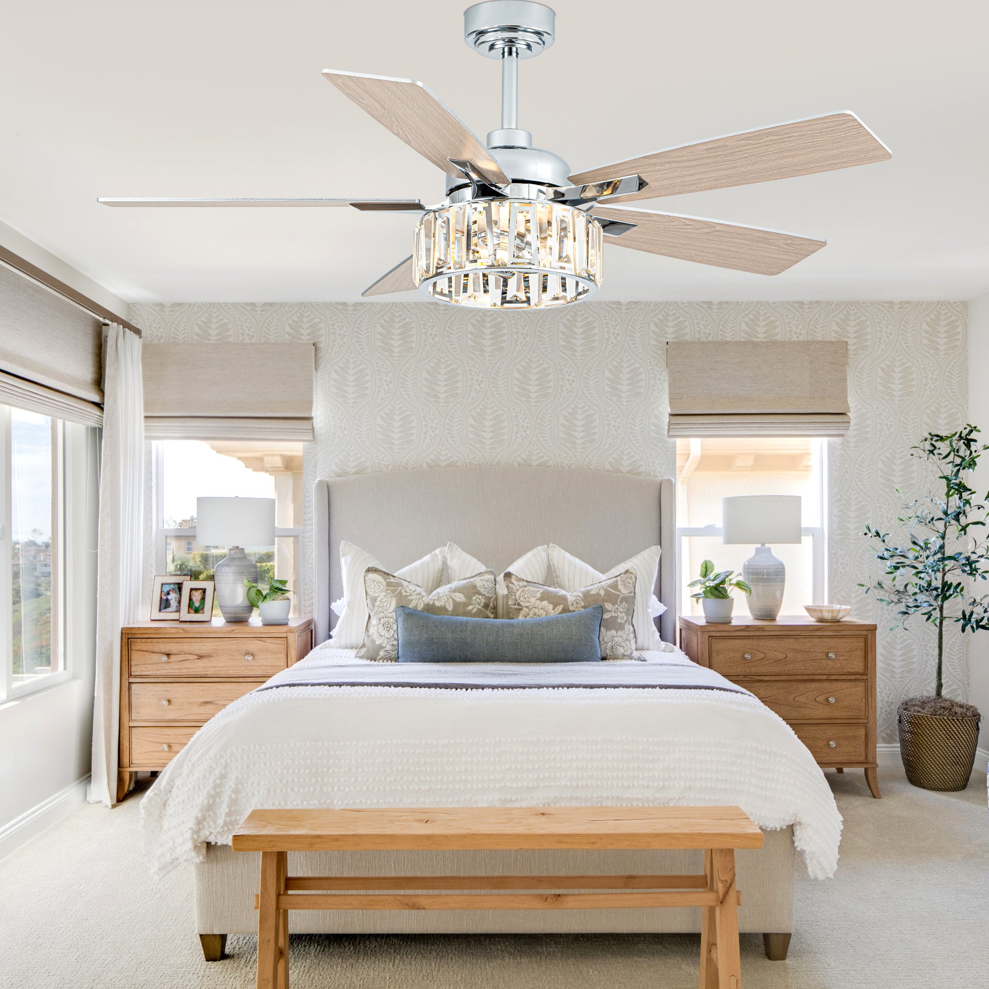 52 Inch Chrome Contemporary Glam Ceiling Fan with Lights and Remote Control, 6 Speeds Reversible Ceiling Fan with Crystals