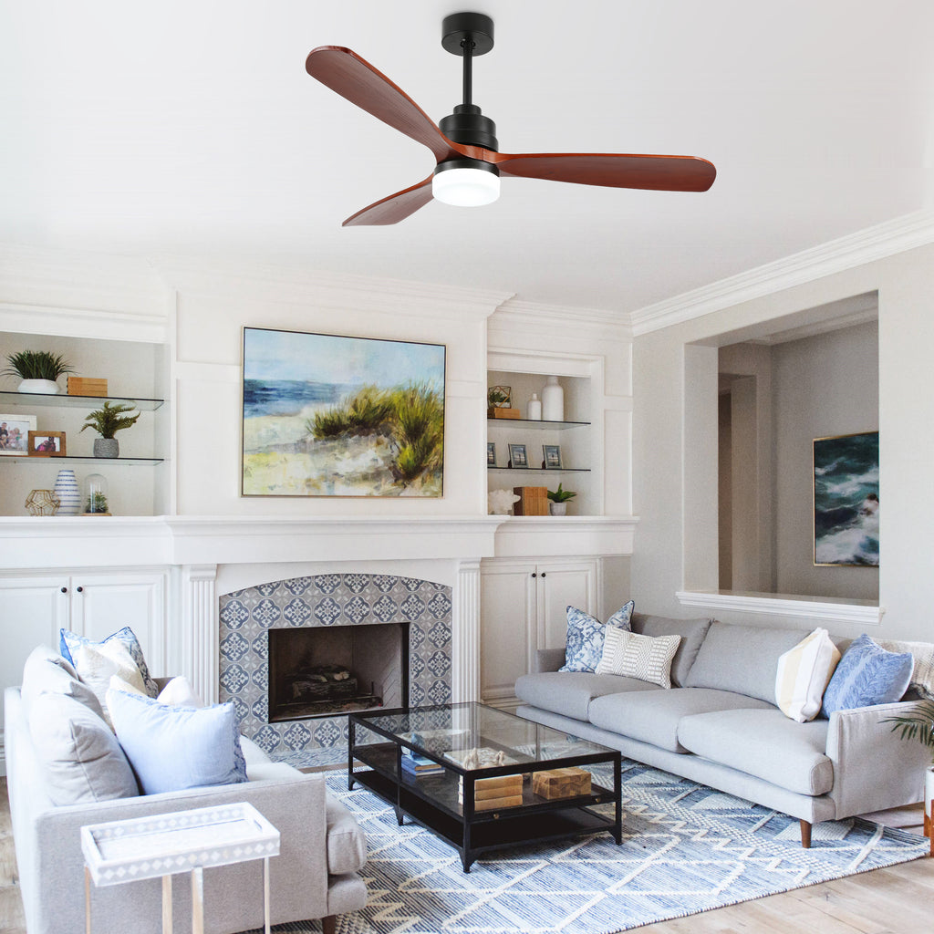 52 Inch Modern Farmhouse 3 Wooden Blades Ceiling Fan with Dimmable LED Light and Remote, 6 Speeds DC Motor Reversible Ceiling Fan for Living Room