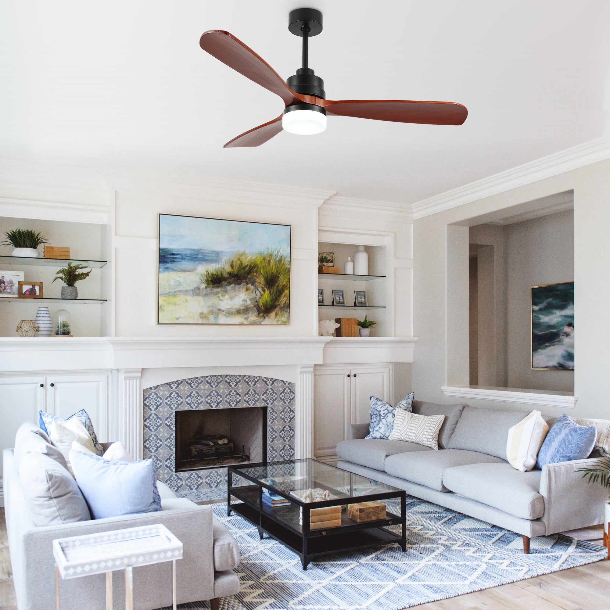 52 Inch Modern Farmhouse 3 Wooden Blades Ceiling Fan with Dimmable LED Light and Remote, 6 Speeds DC Motor Reversible Ceiling Fan for Living Room