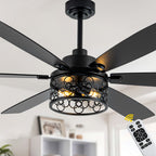 Modern 60 Inch Industrial Caged Ceiling Fan with Light Reversible Quiet DC Motor with 6 Speed Remote Control Ceiling Fan Adjustable Down Rodes Ceiling Fan with Light Suit for Bedroon,Living Room