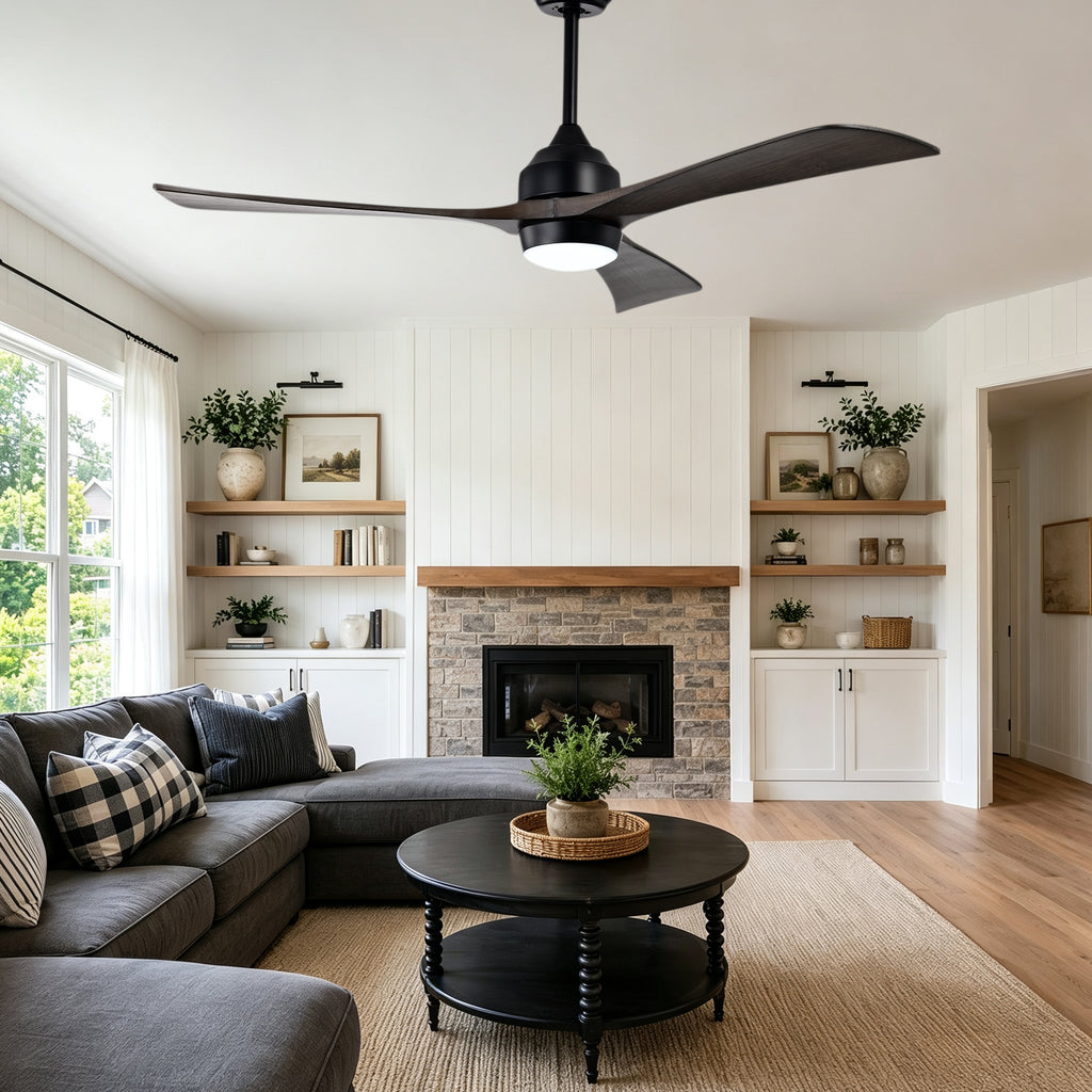 52 Inch Modern Farmhouse Black 3 Blade Ceiling Fan with Lights & Remote Control, 6 Speed DC Motor Reversible Ceiling Fan