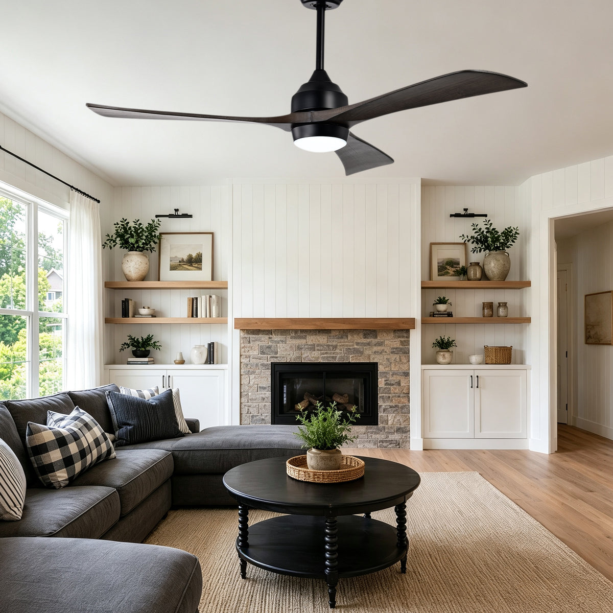52 Inch Modern Farmhouse Black 3 Blade Ceiling Fan with Lights & Remote Control, 6 Speed DC Motor Reversible Ceiling Fan