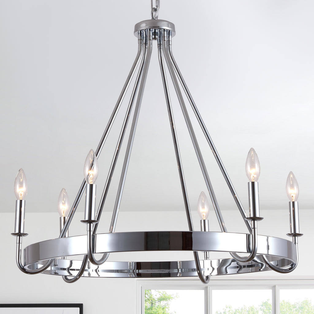 6 - Light Chrome Farmhouse Wagon Wheel Chandelier,  28 Inch Industrial Rustic Vintage Round Kitchen Island Pendant Light for Dining Room
