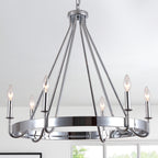 6 - Light Chrome Farmhouse Wagon Wheel Chandelier,  28 Inch Industrial Rustic Vintage Round Kitchen Island Pendant Light for Dining Room