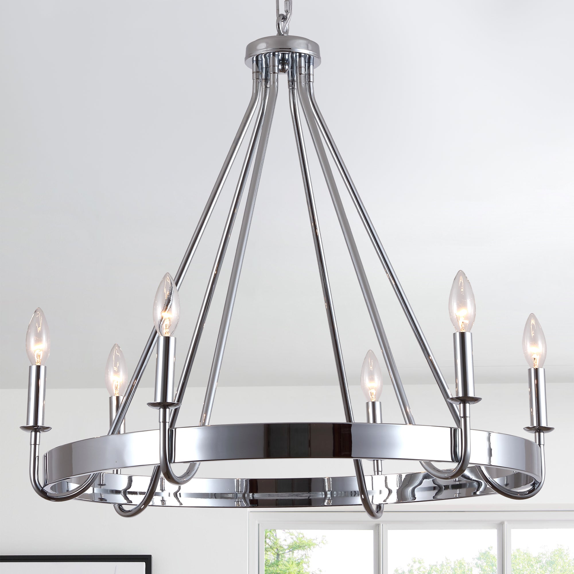 6 - Light Chrome Farmhouse Wagon Wheel Chandelier,  28 Inch Industrial Rustic Vintage Round Kitchen Island Pendant Light for Dining Room