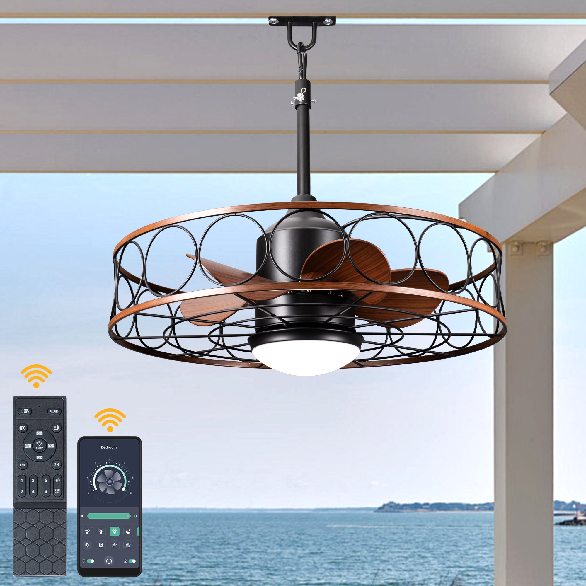 HW2309-BellaDepot 23.6" Industrial Outdoor Caged Ceiling Fan with Remote and LED Lights, DC Motor 6 Speeds Ceiling Fan