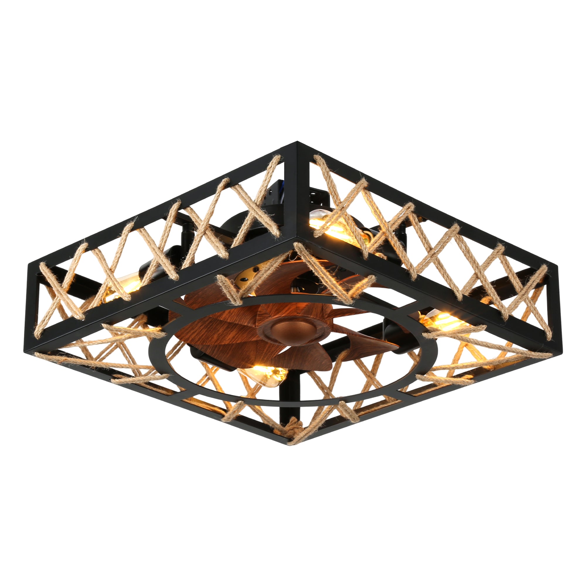18 Inch Rectangular Industrial Farmhouse Flush Mount Ceiling Fan with Lights and Remote Control, 6 Speeds DC Motor Bladeless Ceiling Fan