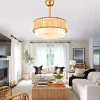 20 Inch Gold Bohemian Drum Ceiling Fan with Lights and Remote, 6 Speeds DC Motor Reversible Bladeless Fandelier Ceiling Fan with Wood Beaded Shade