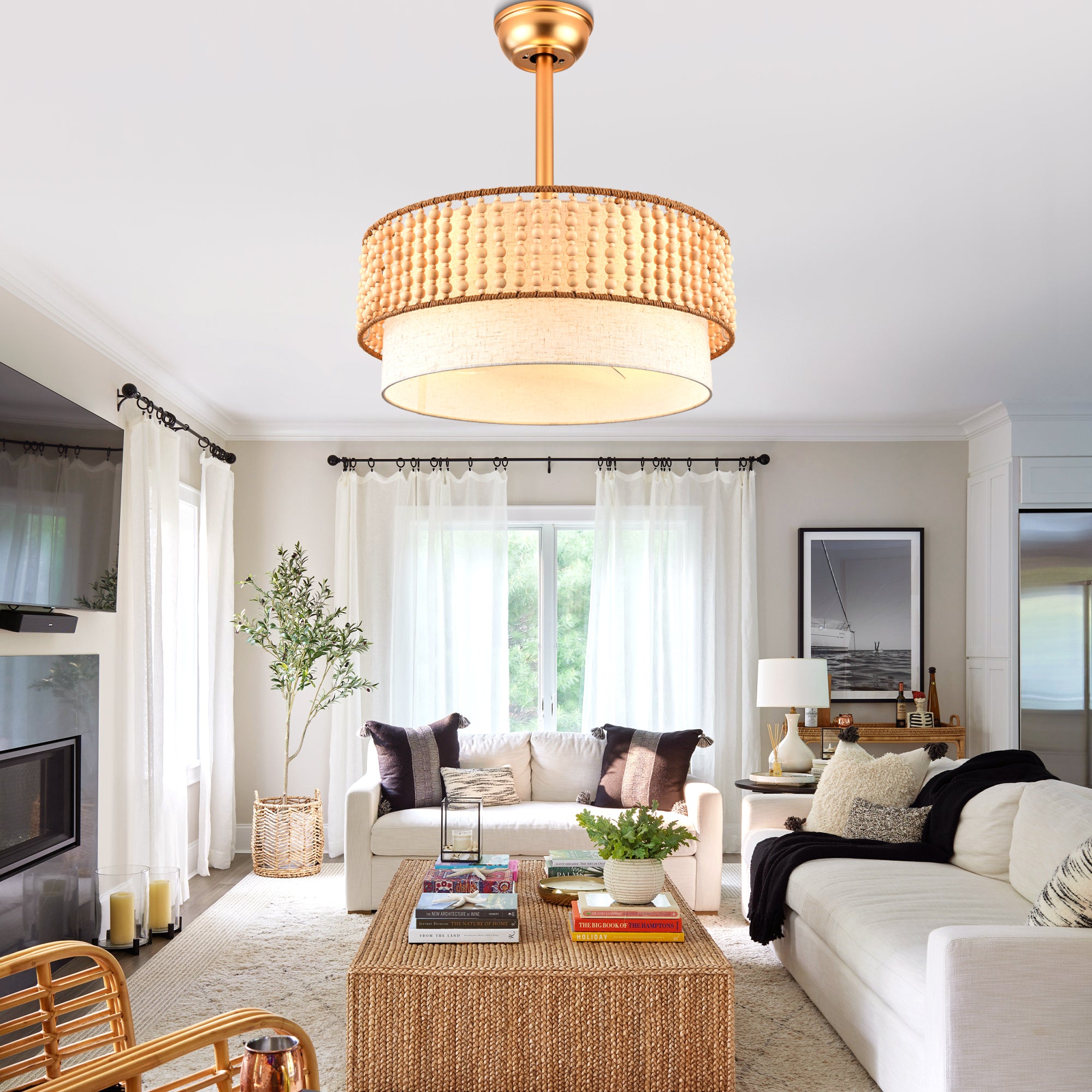 20 Inch Gold Bohemian Drum Ceiling Fan with Lights and Remote, 6 Speeds DC Motor Reversible Bladeless Fandelier Ceiling Fan with Wood Beaded Shade