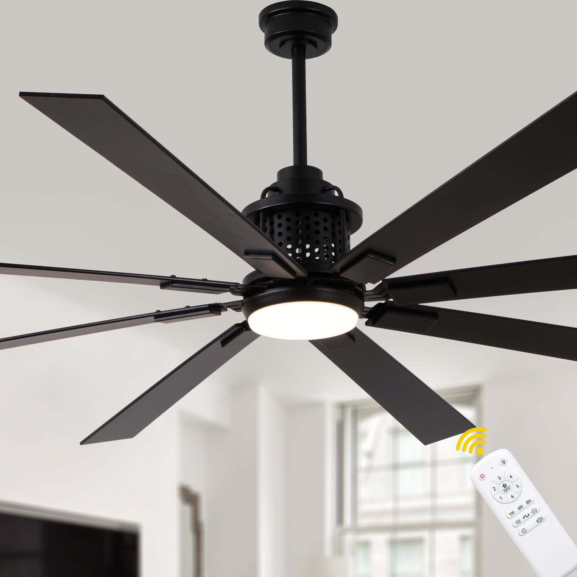 72 Inch Black Industrial Extra Large Ceiling Fan with LED Light and Remote, 6 Speeds DC Motor Reversible Ceiling Fan for Large Room