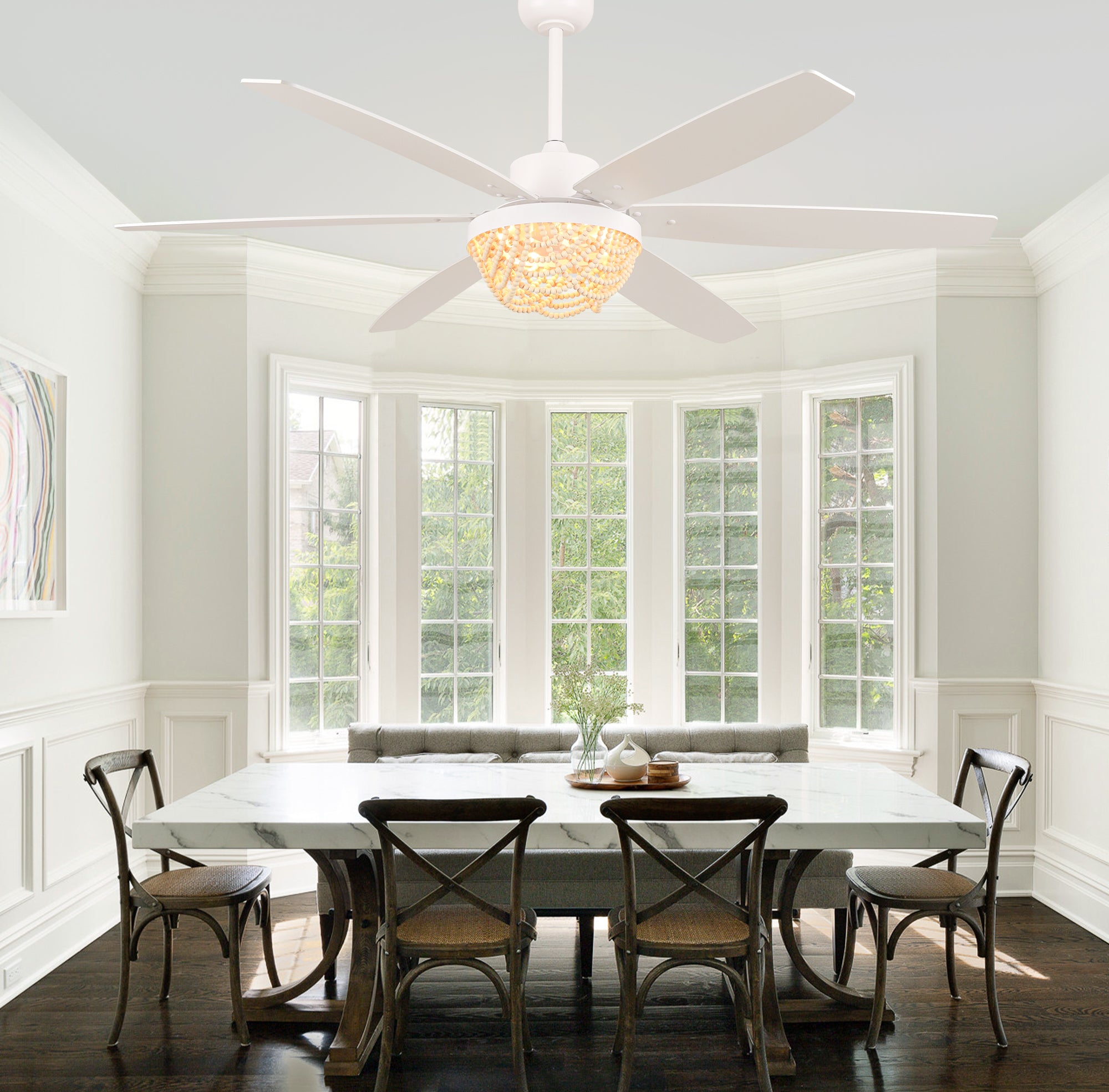 65 Inch White Bohemian  Ceiling Fan with Lights and Remote, 6 Speeds DC Motor Reversible Large Ceiling Fan for Living Room